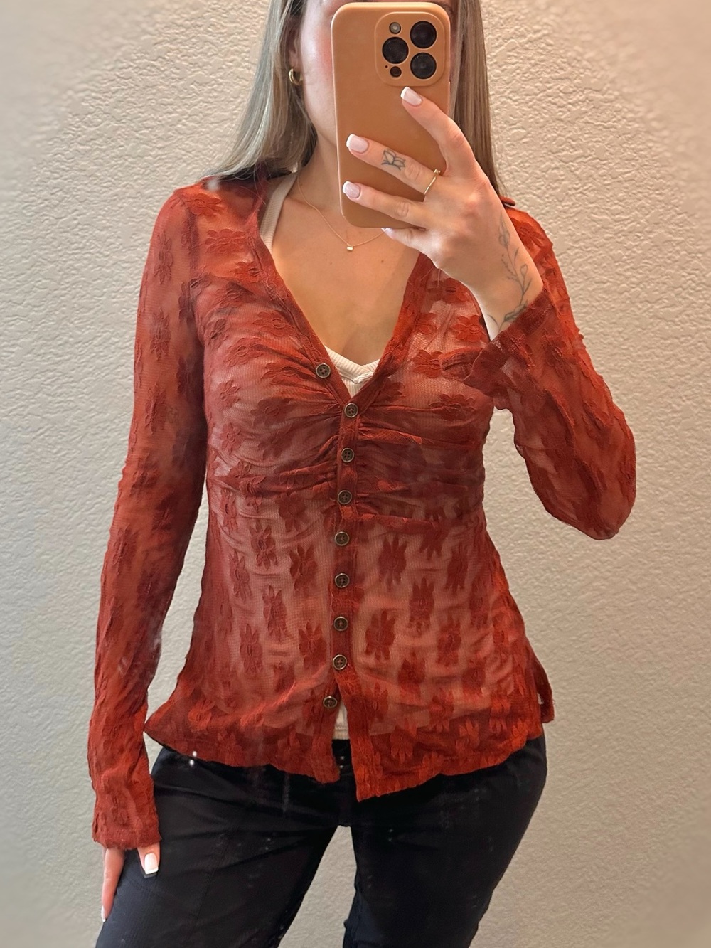 Free People Rust Sheer Button-Front Long Sleeve Top